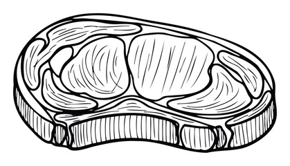 Hand drawn style black and white outline of a beef steak or pork chop with visible bone and muscle texture, ideal for butcher shops, restaurant menus, and food industry branding materials