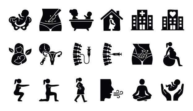 Essential vector icon set covering various aspects of pregnancy childbirth and new motherhood including prenatal care medical procedures labor techniques and baby care suitable for health