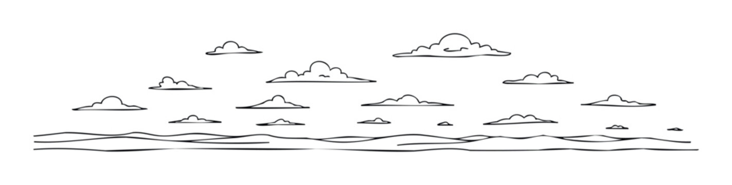 Hand drawn outline clouds floating across a simple sky above a rolling landscape, perfect as a versatile graphic resource for nature themed projects or environmental awareness concepts.