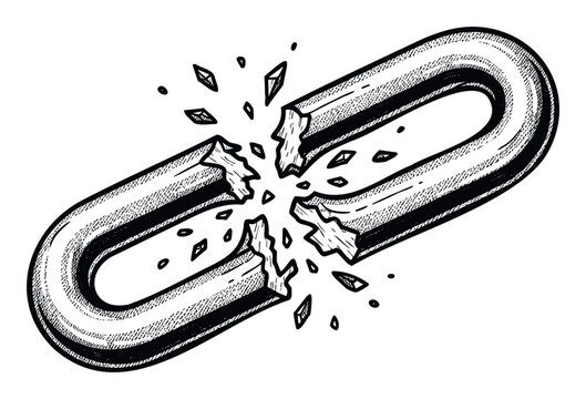 A striking illustration of a broken chain link representing weakness and the end of a connection, ideal for projects conveying concepts of failure, freedom, or overcoming challenges in