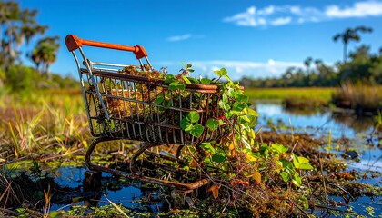Rusty shopping cart overgrown in swamp