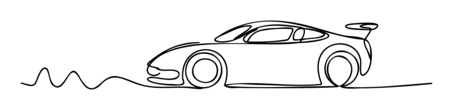 Dynamic continuous line drawing of a sleek sports car with a flowing wavy trail, ideal for automotiverelated marketing, racing event promotions, or modern graphic presentations