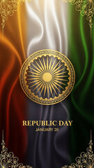 Luxury Republic Day Poster with Gold-Embossed Ashoka Chakra on Tricolor Silk Background