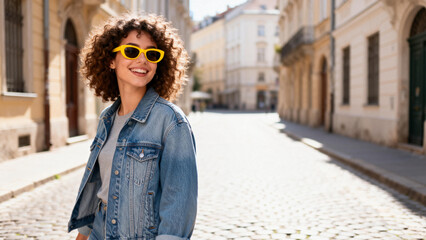 Fototapeta premium Woman in yellow sunglasses on cobblestone street