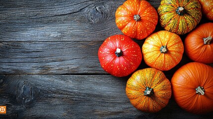 Autumn harvest pumpkins and gourds flat lay on rustic wooden table, top view with copy space for Thanksgiving design