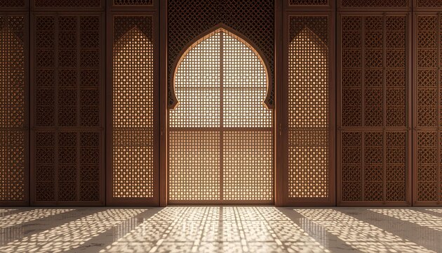 Sunlight through intricate wooden Mashrabiya lattice casting dramatic floor shadows