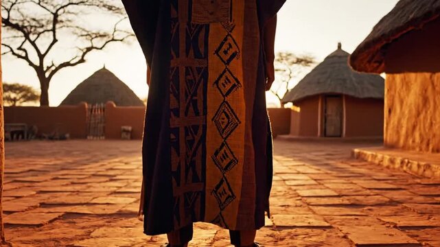 Traveler standing in a traditional courtyard with patterned robe among clay huts at sunset
