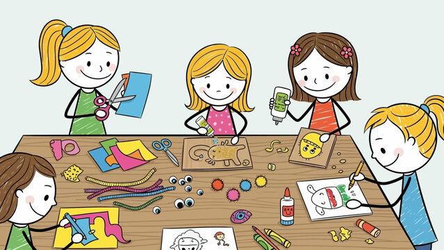 Children Crafting and Creating Art Together at a Table
