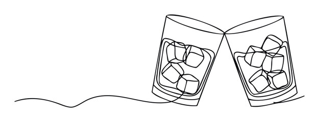 Continuous line drawing depicting two glasses clinking together with ice cubes, symbolizing celebration and toast, ideal for beverage industry promotions or party invitations.