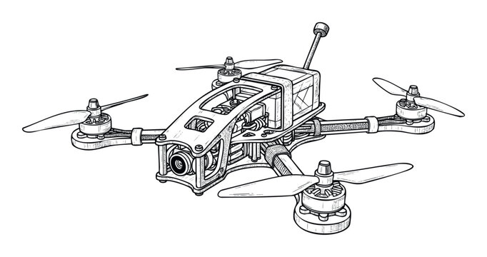 Detailed line drawing of a sophisticated FPV racing drone, showcasing its advanced quadcopter technology and engineering, ideal for modern aerial surveillance or hobbyist aviation concepts.