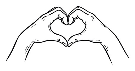 Obraz premium Two human hands forming a heart shape in a simple line drawing, perfect for conveying messages of love, care, unity, friendship, and positive emotions in various communication or