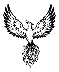 Fototapeta premium Majestic phoenix bird rising with powerful wings spread wide in a striking black and white minimalist graphic style, perfect for symbolic logos, brand identity, or spiritual design projects