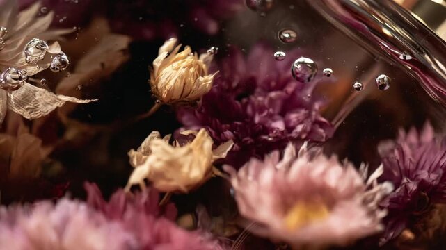 Closeup of bespoke scent creation swirling floral and woody notes for a unique individual fragrance experience.