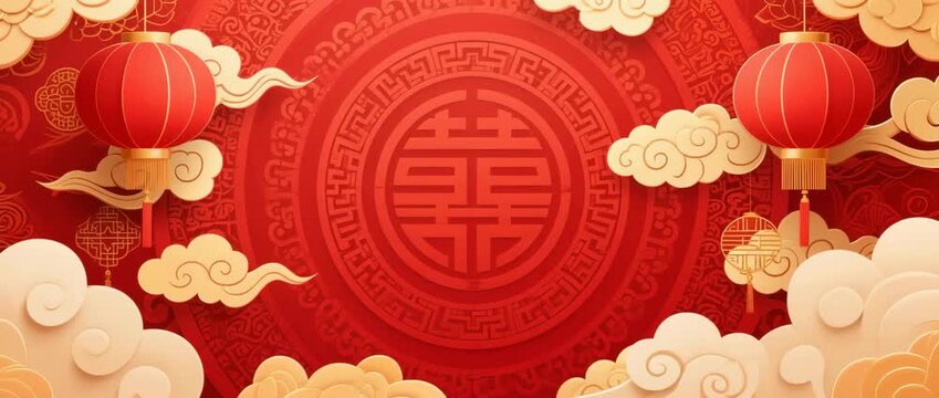 Thai style wall painting art with decorative patterns and festive elements in red and gold tones