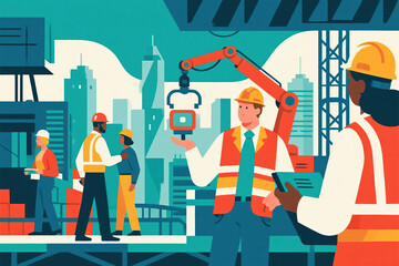 construction workers with crane and cityscape