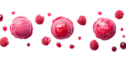 Raspberry ice cream scoops with fresh berries and juice Isolated on White background