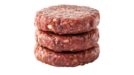 Fresh raw beef burgers stacked high Isolated on White background