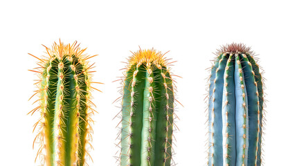 Three vibrant cacti against Isolated on White background