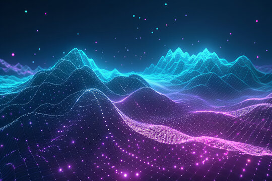 Neon 3D digital landscape of undulating waveforms in blue and pink mesh—abstract visualization of data, sound waves, and futuristic topography.   generative ai - Powered by Adobe