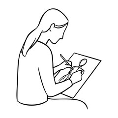 Logo estudio de diseño creativo. Dibujo minimalista con líneas de una mujer sentada dibujando con lápiz en un papel  © teracreonte
