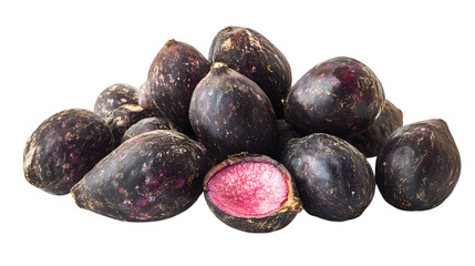 Fresh acai berries with one cut open showing pink interior Isolated on White background