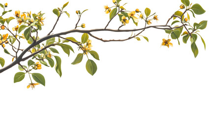 Blooming tree branch with vibrant yellow flowers and green leaves Isolated on White background