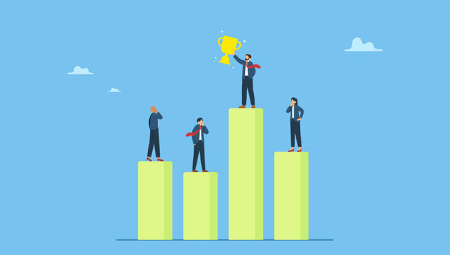Business people compete on performance graph with one winner. Business competition, performance comparison chart between company profit or employee, winner and loser in contest, achievement.