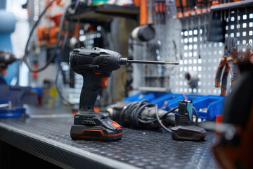 Cordless drill on a table in a workshop