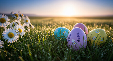 Close-up of painted Easter eggs in dewy grass with daisies at sunrise, symbolizing spring renewal, hope, and festivity, perfect for holiday themes