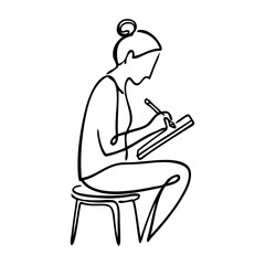 Logo estudio de diseño creativo. Dibujo minimalista con línea continua de una mujer sentada en un taburete dibujando con lápiz en un papel  © teracreonte