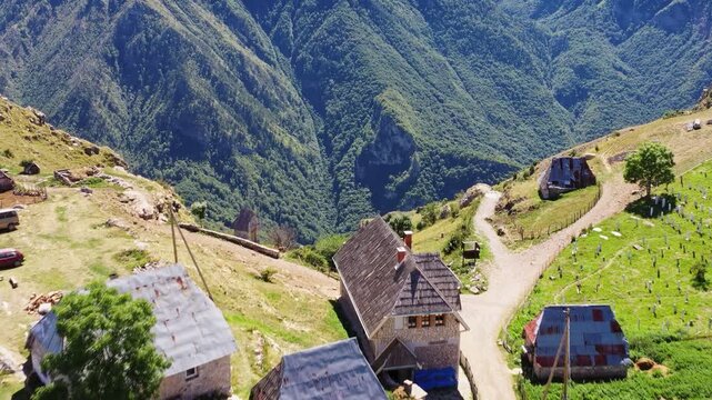 Historic village buildings in Bosnia aerial view