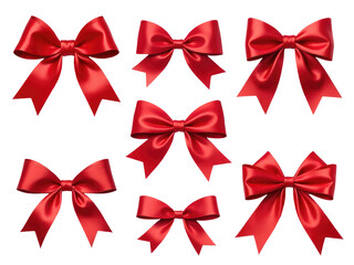 Six bright red bows arranged on a clean white background, perfect for decorating or design use