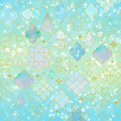 幻想的なモロッカンパターン（ターコイズ）ー ターコイズからミントへの爽やかなグラデーションに、金色ラインのモロッカン風幾何学模様を散りばめた幻想的で上品な華やかデザイン。デザインペーパー、ポストカード、マスキングテープ、マスキングシールブックタイプ、フレークシール、ノートの表紙、ハンカチ、ミニタオル、食器、箸、マグカップ、皿、ペンケース、ポーチに最適。