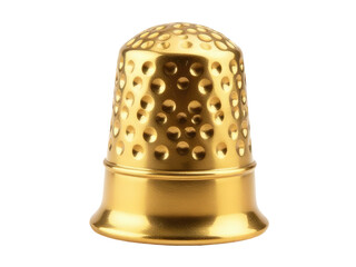 A golden thimble sits alone on a plain white surface
