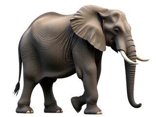 Fototapeta premium An elephant walks on a white surface, its tusks visible