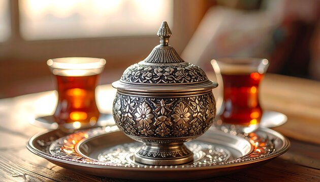 ornate silver sugar bowl decorative tray and traditional turkish tea glasses on a rustic wooden table for a cultural hospitality scene