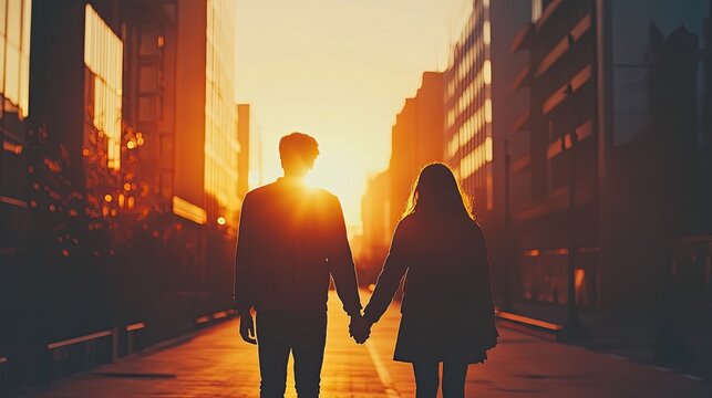 Couple holding hands walking city sunset, warm backlight silhouettes, long shadows stretching across pavement, soft bokeh from storefronts, intimate atmosphere, slow evening stroll, nostalgic romance