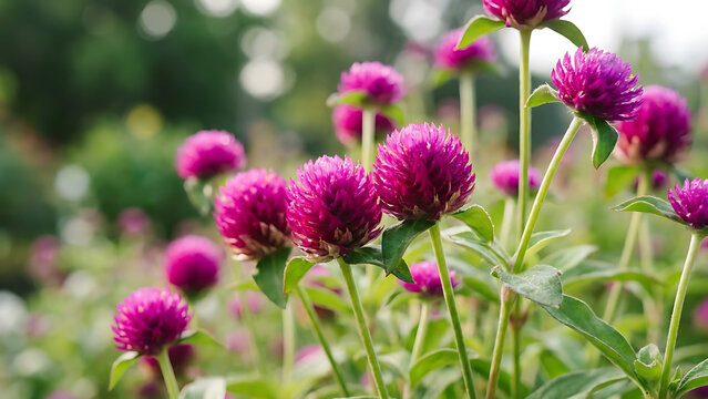 Close-up of vibrant purple gomphrena flowers growing in a garden with soft natural light and a blurred green background, representing nature, freshness, and summer bloom.