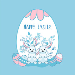Easter greeting card. Modern background with Easter egg, hand drawn bunny. Flat print t-shirt design