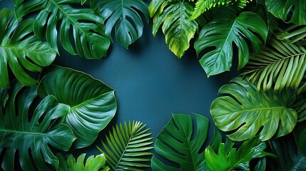 Dark abstract background of green tropical leaves and ferns, nature-inspired flat lay for web, print and design projects
