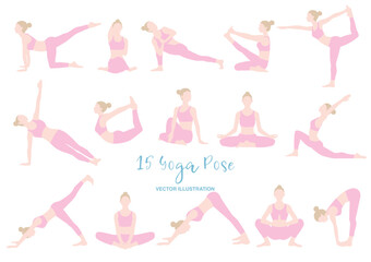 15種類のヨガポーズをする女性のイラスト