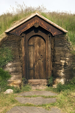Replica of the Norwegian explorer Eric the Red Longhouse, Qassiarsuk archaeological site, Narsarsuaq, Southern Greenland, Denmark