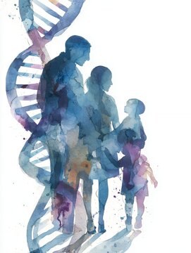 watercolor silhouette depicts a family with dna helix
