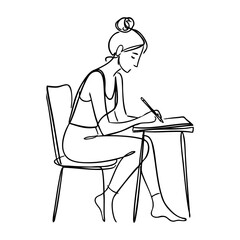Logo estudio de diseño creativo. Dibujo minimalista con línea continua de una mujer sentada en una silla, dibujando con lápiz en un papel apoyado en una mesa  © teracreonte