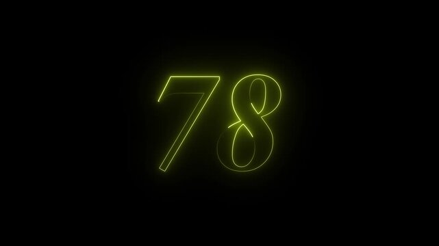 Neon 78 number mathematics text icon animation yellow color text on black background. Glowing neon 78 motion graphics animation. Number 78 vector illustration. Digits with glowing lights and bulbs.