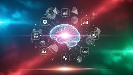 ai brain digital network linking data analysis business growth security icons illustrating strategic technology for modern enterprise.