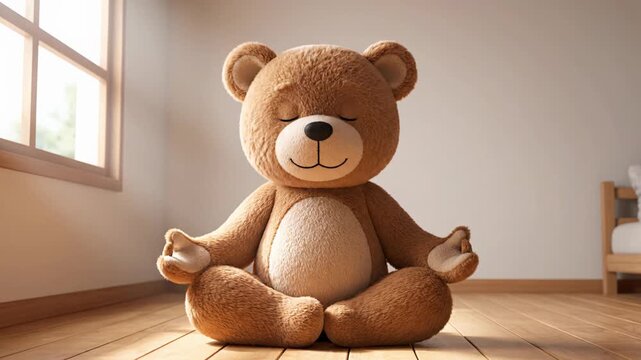 Cute animated teddy bear meditating in sunlit room quiet moment