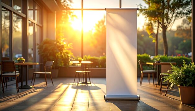 Outdoor cafe setting with modern furniture and a blank banner at sunrise with sunbeams streaming through the building