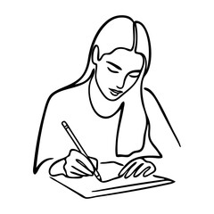 Logo estudio de diseño creativo. Dibujo minimalista con línea continua de una mujer sentada dibujando con lápiz en un papel  © teracreonte