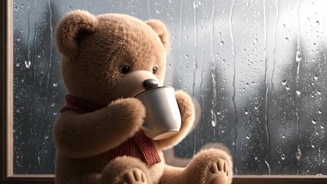 Cute animated teddy bear with scarf holding mug on a rainy day